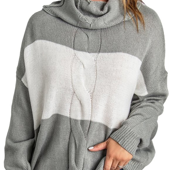 Gray Colorblock Turtleneck Loose Knitted Sweater - Picture 2 of 9